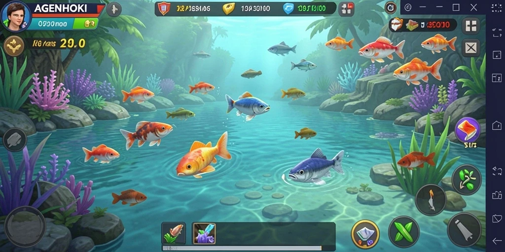 Tampilan gameplay AGENHOKI yang menampilkan aktivitas memancing yang seru.