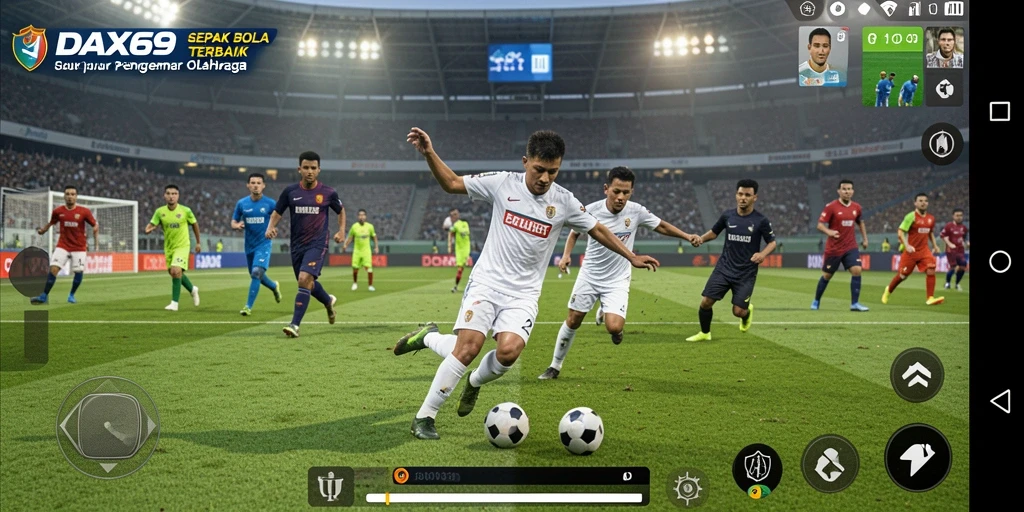 Tampilan gameplay DAX69 yang menampilkan aksi di lapangan sepak bola.