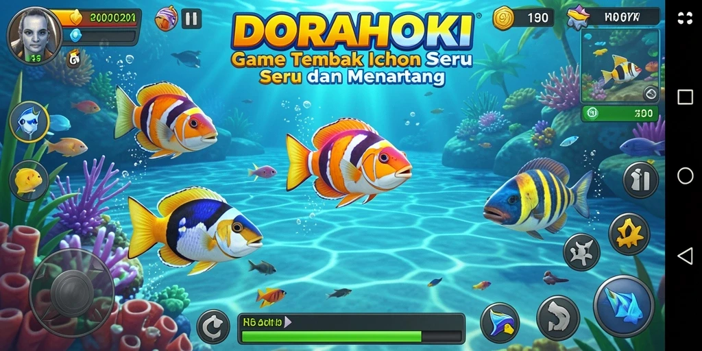 Tampilan gameplay DORAHOKI dengan aksi menembak ikan yang seru.
