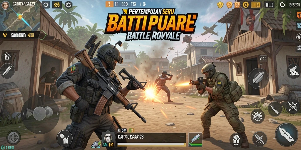Screenshot GATOTKACA123 menampilkan aksi pertempuran Battle Royale yang seru.