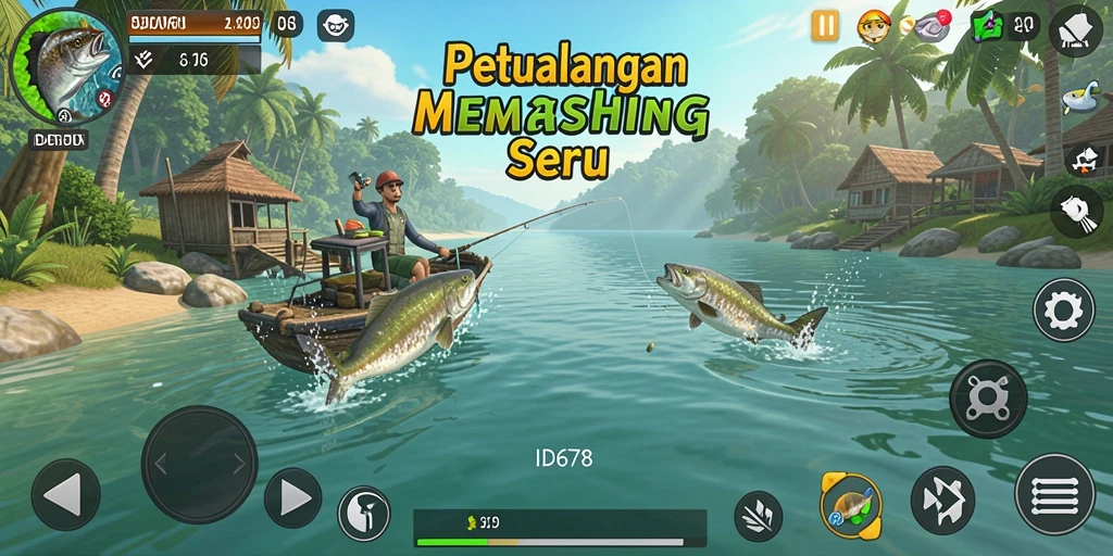 Tampilan screenshot ID678 menampilkan aksi seru memancing di danau indah.