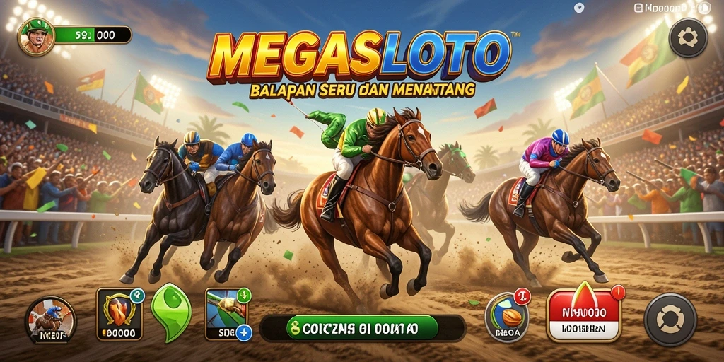 Tampilan gameplay balap MEGASLOTO yang seru dan kompetitif.