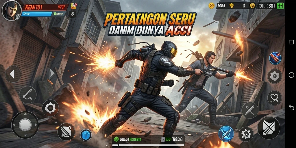 Screenshot utama dari game REMI101 yang menunjukkan aksi pertarungan seru.