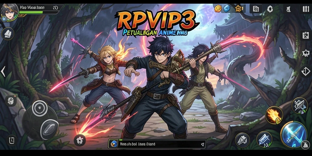 Screenshot gameplay RPVIP3 yang menampilkan pertarungan karakter anime.